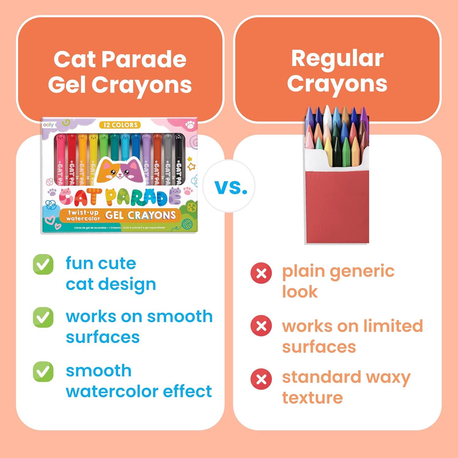 image:imageOoly Cat Parade Gel Crayons for Kids and Adults Set of 12 Rainbow Color Crayons for Glass and Paper Surfaces with CatShaped TwistUp Caps Smooth Gliding Gel Crayon SetCat Parade Vibrant Gel Crayons