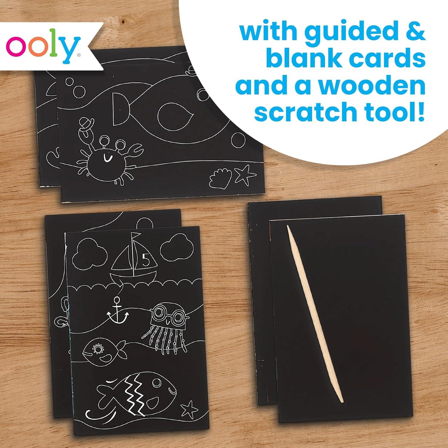 image:imageOoly Scratch amp Scribble 10pc Art Kit with 8 Total Scratch Cards 4 Illustrated 2 Blank 2 Rainbow with Scratching Tool and Sparkled Stickers Art Set Gifts for Kids Princess GardenMini Friendly Fish