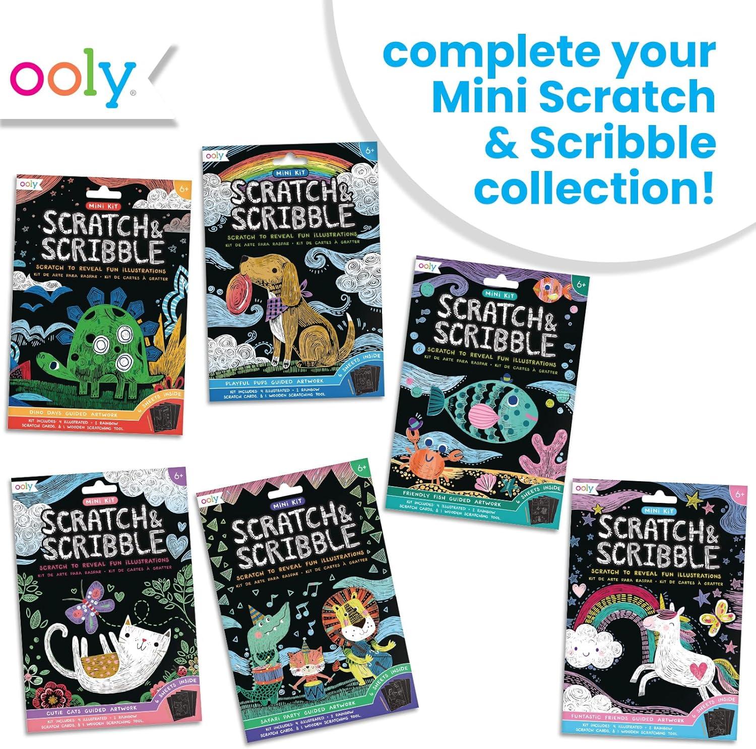 image:imageOoly Scratch amp Scribble 10pc Art Kit with 8 Total Scratch Cards 4 Illustrated 2 Blank 2 Rainbow with Scratching Tool and Sparkled Stickers Art Set Gifts for Kids Princess GardenMini Friendly Fish