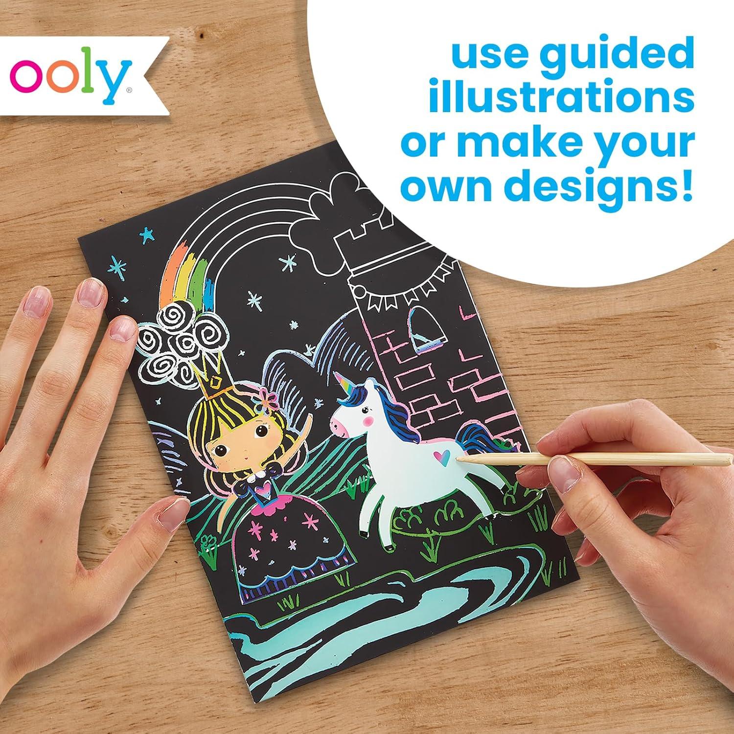 image:imageOoly Scratch amp Scribble 10pc Art Kit with 8 Total Scratch Cards 4 Illustrated 2 Blank 2 Rainbow with Scratching Tool and Sparkled Stickers Art Set Gifts for Kids Princess GardenPrincess Garden
