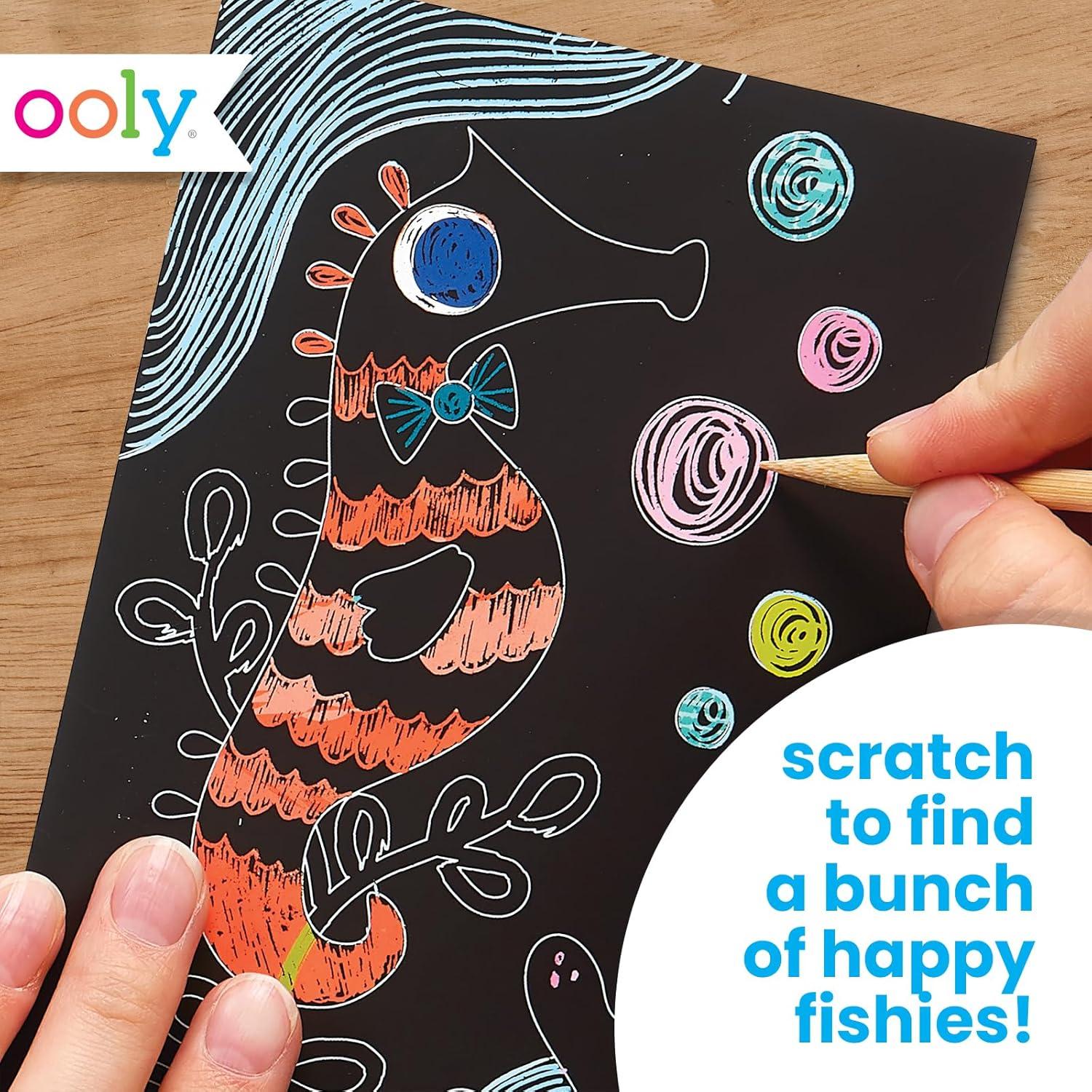 image:imageOoly Scratch amp Scribble 10pc Art Kit with 8 Total Scratch Cards 4 Illustrated 2 Blank 2 Rainbow with Scratching Tool and Sparkled Stickers Art Set Gifts for Kids Princess GardenMini Friendly Fish