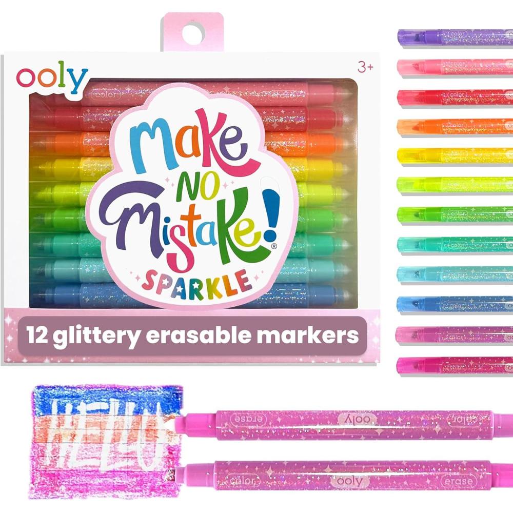 image:imageOoly Make No Mistake Erasable Markers 12 Stress and Mess Free Marker Pack You Can Erase Drawing amp Coloring Pens for Kids and Adults Colorful Supplies for Any Arts amp CraftsErasable Glittery