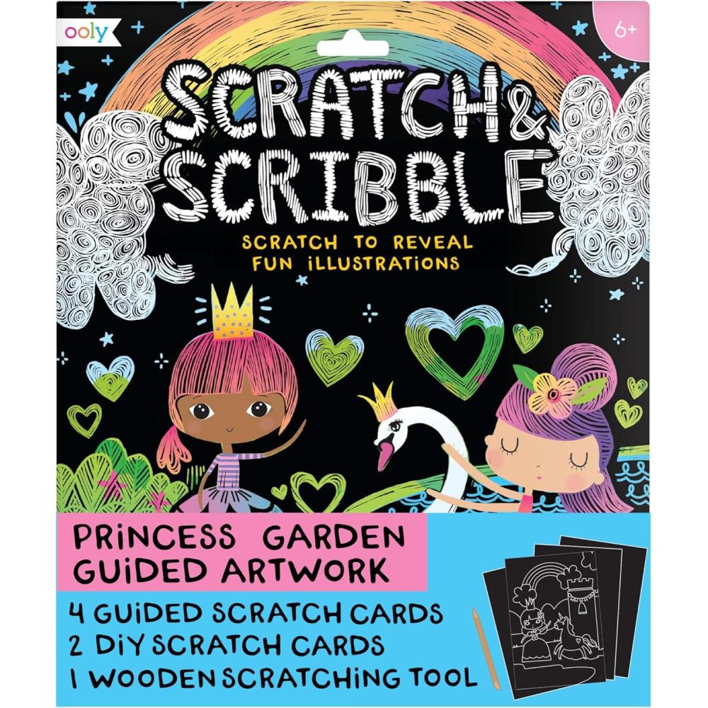 image:imageOoly Scratch amp Scribble 10pc Art Kit with 8 Total Scratch Cards 4 Illustrated 2 Blank 2 Rainbow with Scratching Tool and Sparkled Stickers Art Set Gifts for Kids Princess GardenPrincess Garden