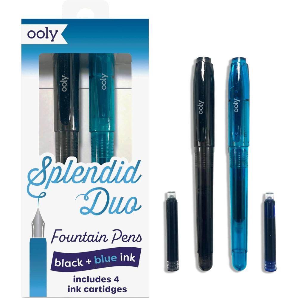 image:imageOoly Splendid Fountain Pen Set in Black 1 Fountain Pen and 3 Ink Refill Cartridges Fine Tip Pens for Calligraphy Drawing Handlettering RefillableBlack Blue Set 2 Pens Catridges