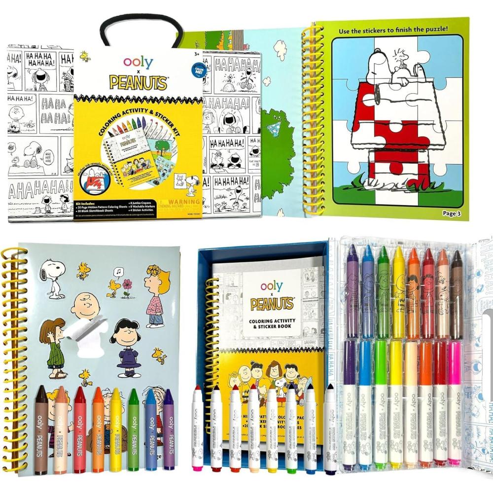 image:imageOoly x Peanuts Snoopy School Coloring Travel Kit 60Page Activity Book with Coloring Sheets 4 DoubleEnded Markers 8 Colors 2 Sticker Sheets Puzzles amp Games Snoopy amp Charlie Brown Art SetDeluxe Peanuts Coloring Kit