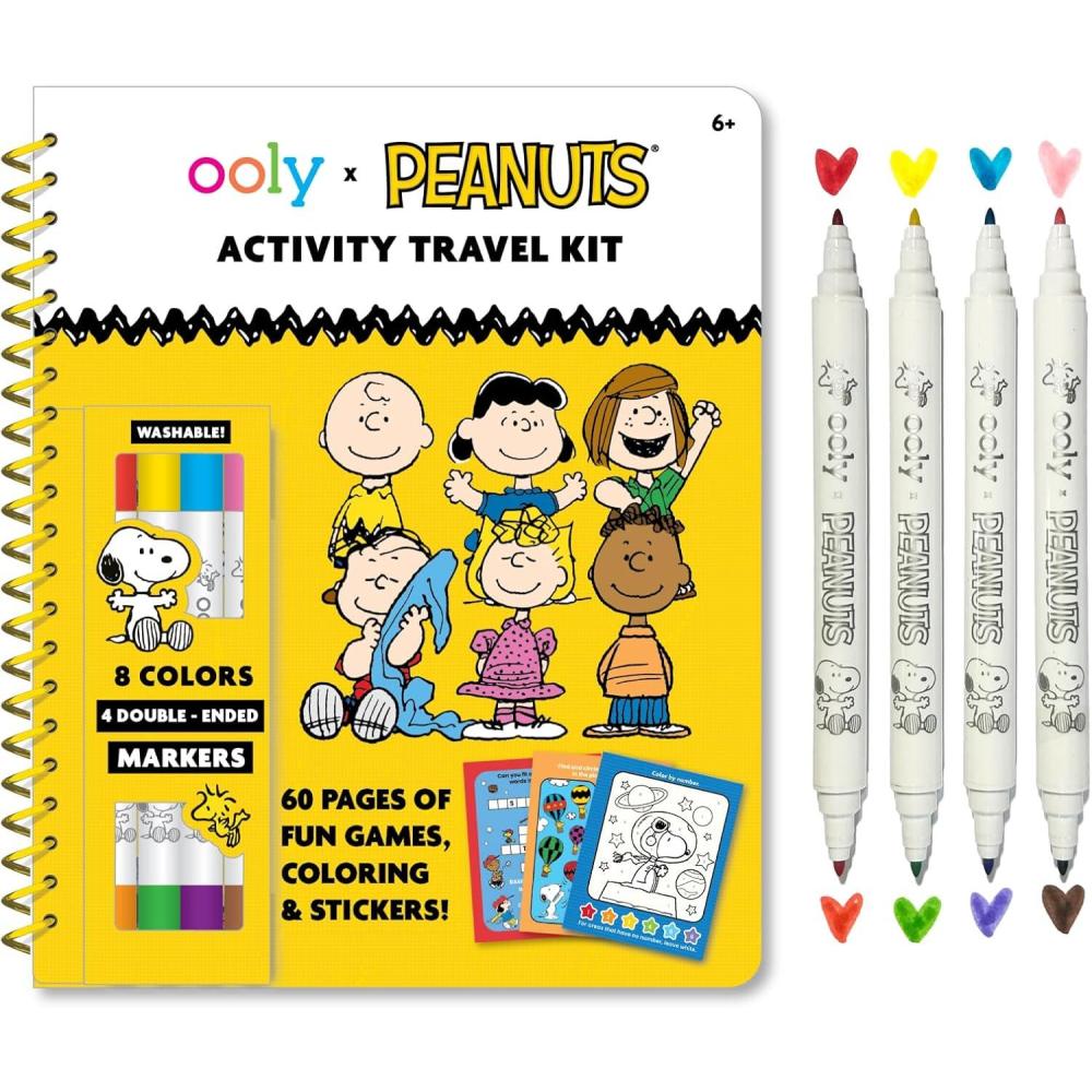image:imageOoly x Peanuts Snoopy School Coloring Travel Kit 60Page Activity Book with Coloring Sheets 4 DoubleEnded Markers  8 Colors 2 Sticker Sheets Puzzles amp Games Snoopy amp Charlie Brown Art SetPeanuts Coloring Kit