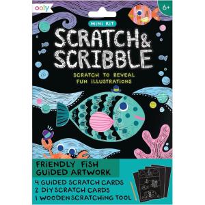 image:imageOoly Scratch amp Scribble 10pc Art Kit with 8 Total Scratch Cards 4 Illustrated 2 Blank 2 Rainbow with Scratching Tool and Sparkled Stickers Art Set Gifts for Kids  Princess GardenMini Friendly Fish