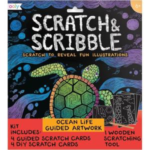 image:imageOoly Scratch amp Scribble 10pc Art Kit with 8 Total Scratch Cards 4 Illustrated 2 Blank 2 Rainbow with Scratching Tool and Sparkled Stickers Art Set Gifts for Kids  Princess GardenOcean Life