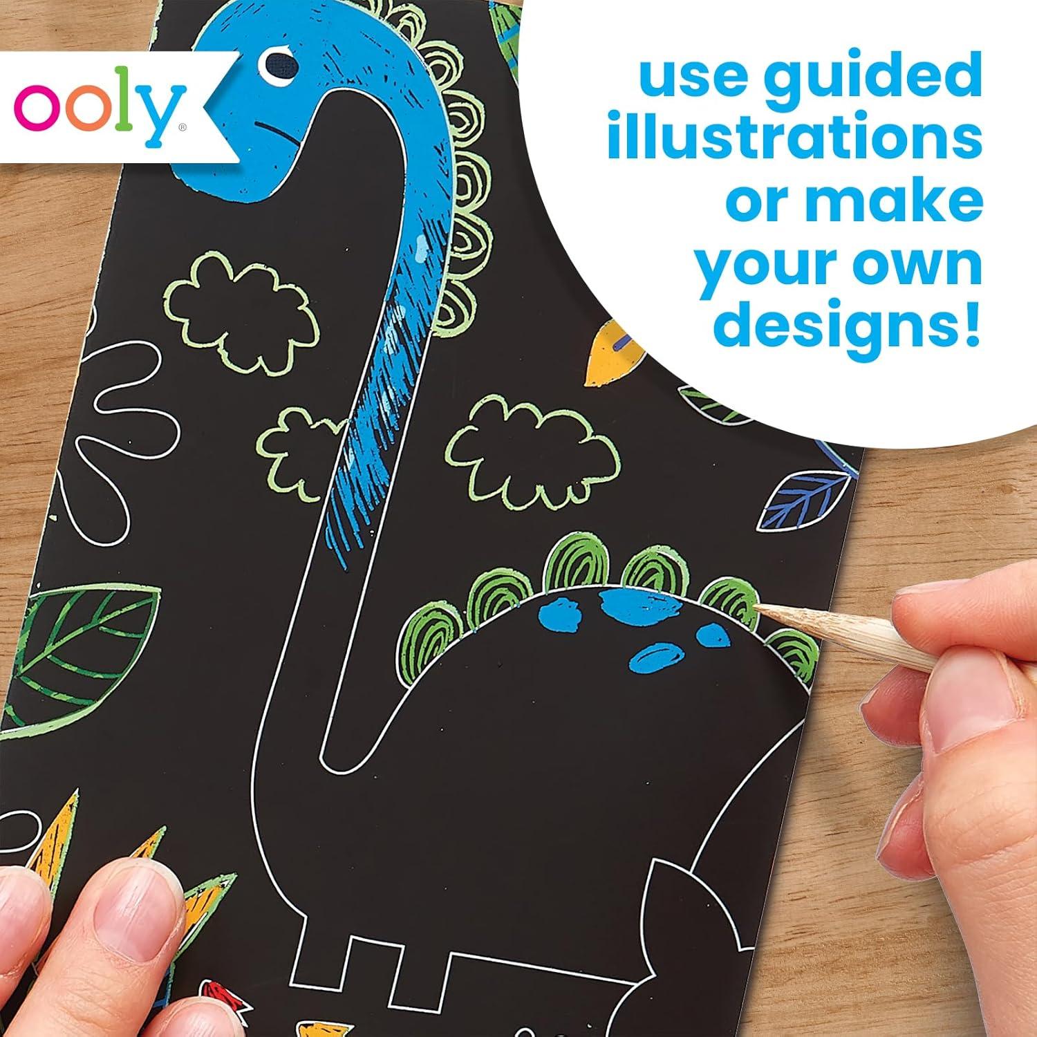 image:imageOoly Mini Scratch amp Scribble Art Kit 6 Card Rainbow Scratch Art Set Gifts for Kids TravelFriendly Craft Kit Scratching Tool Included Dino Days