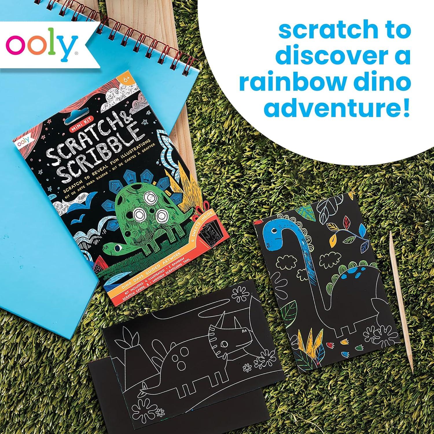 image:imageOoly Mini Scratch amp Scribble Art Kit 6 Card Rainbow Scratch Art Set Gifts for Kids TravelFriendly Craft Kit Scratching Tool Included Dino Days