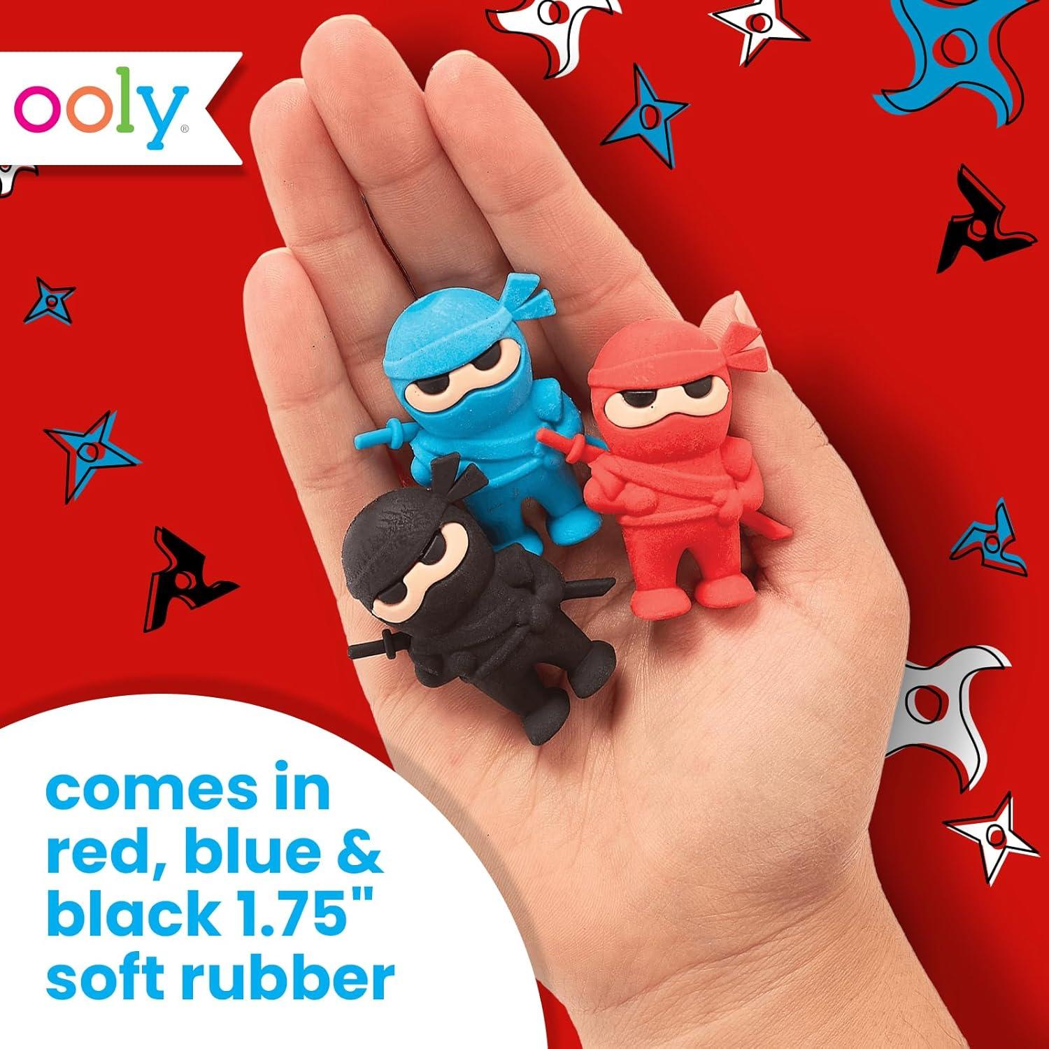 image:imageOoly Ninja Erasers Set of 3 Blue Red and Black Colors 175 Tall