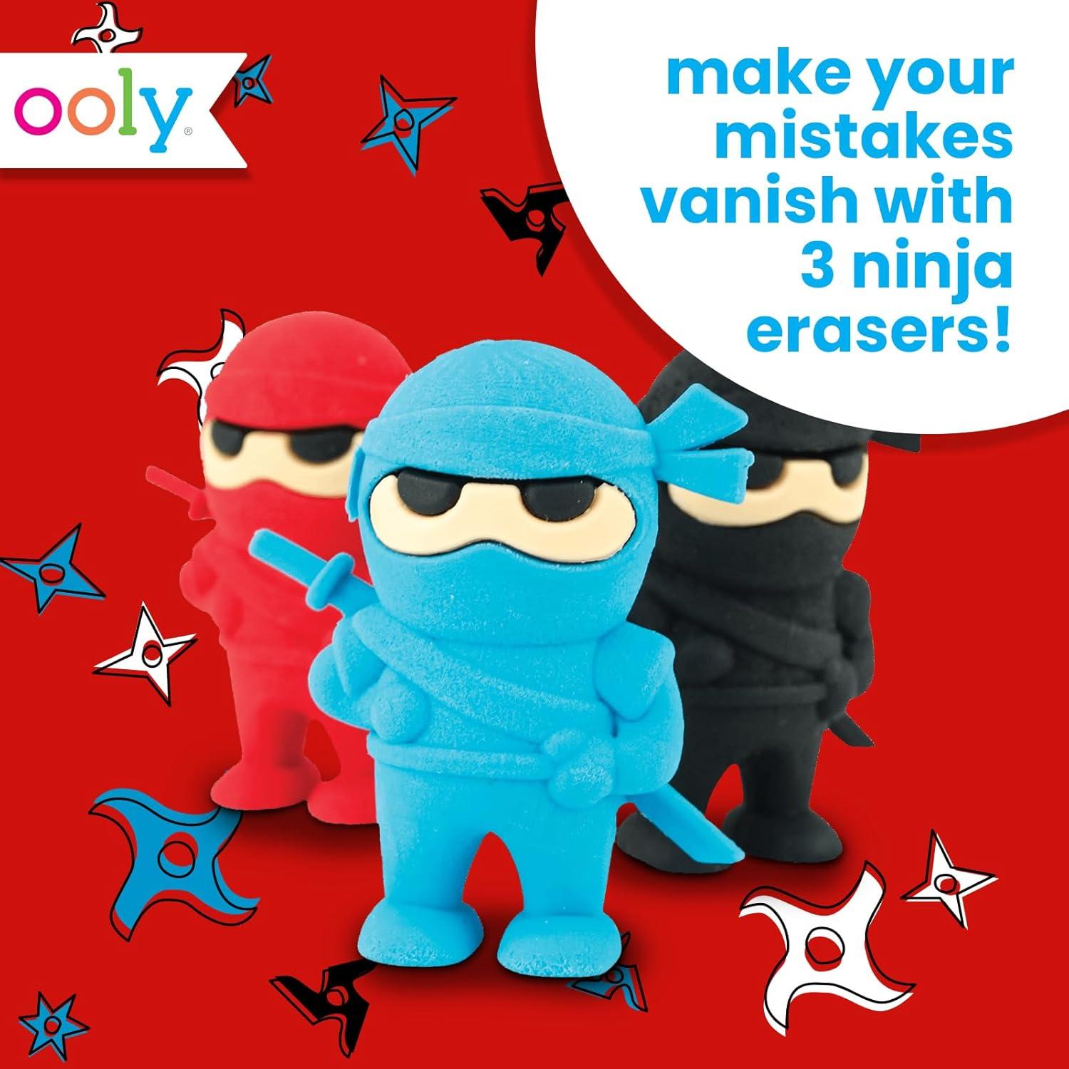 image:imageOoly Ninja Erasers Set of 3 Blue Red and Black Colors 175 Tall